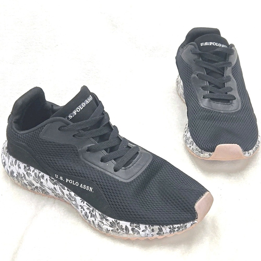 U.S. Polo Assn Black White Floral Women's Sz 9.5 Road Athletic Running Shoes‎